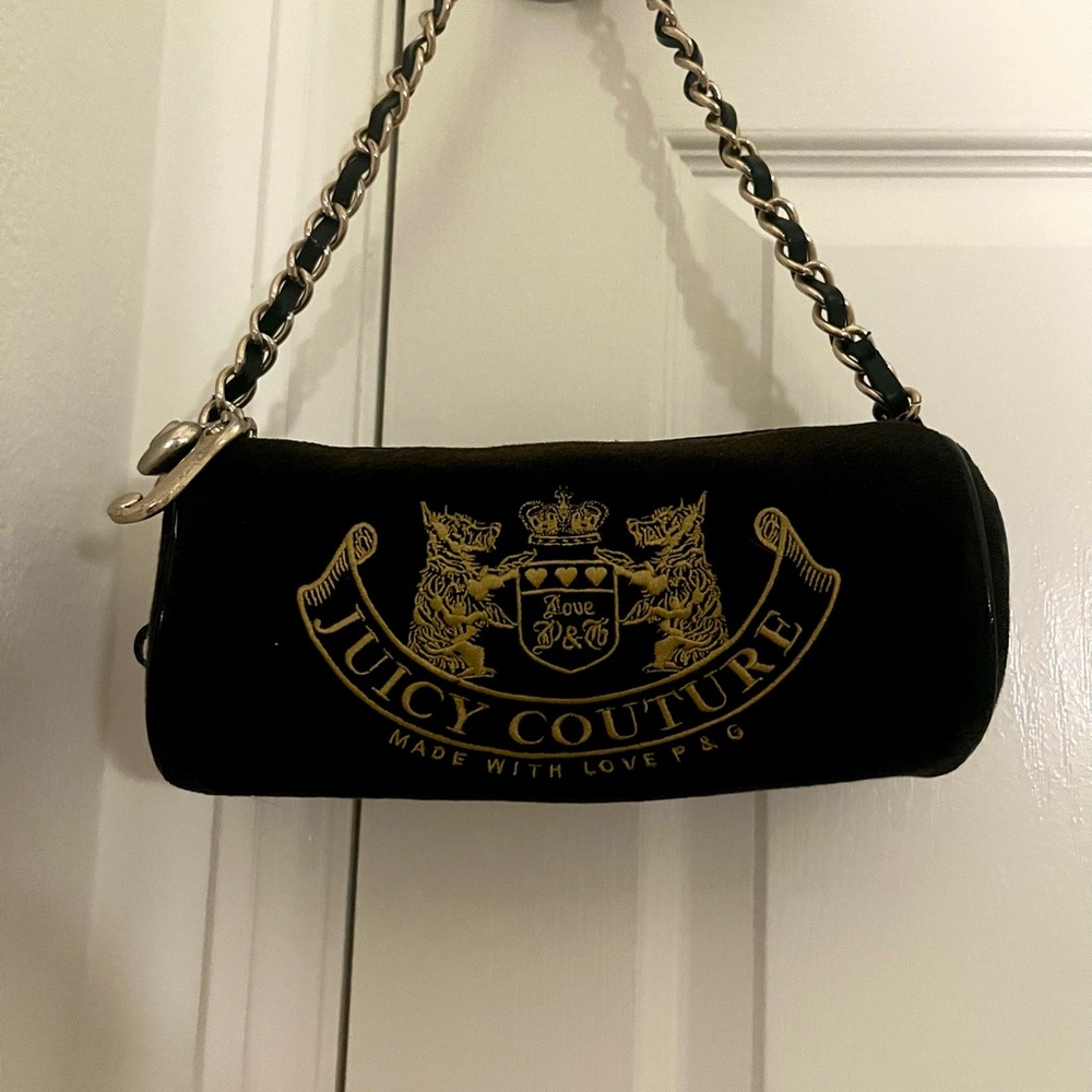 Juicy Couture Vintage Barrel Y2K Black and Gold Shoulder Bag
